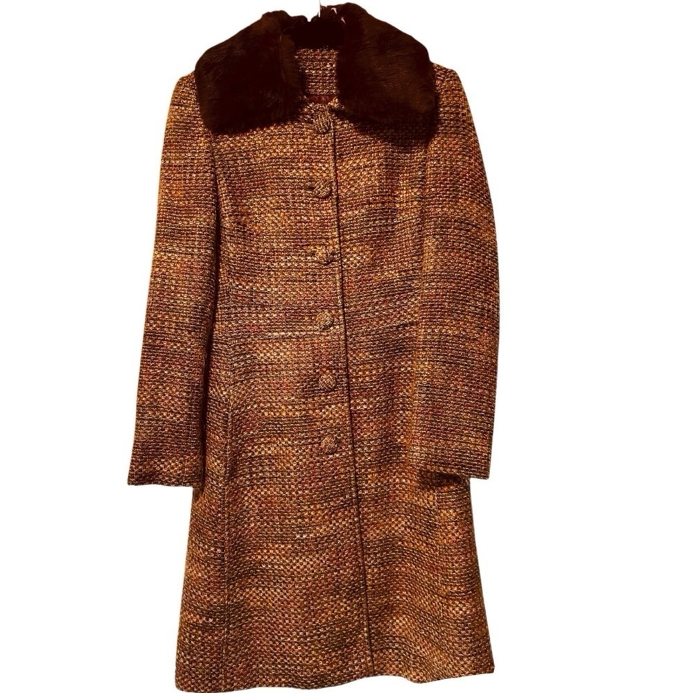Marciano Women’s Tweed Coat with Purple Rabbit Fur Collar – Size SP